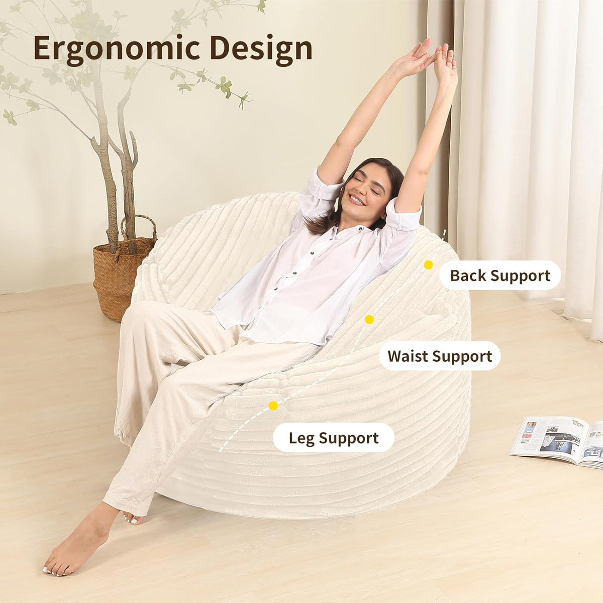 Memory Foam Bean Bag Chair for Adults/Teens, Bean Bag Sofa with Fluffy Removable Cover, for Living Room Bedroom, 3FT White