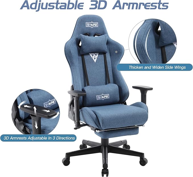 S*MAX Gaming Chair with Footrest Thicken Seat Black Gaming Chairs with 3D Armrest Gamer Chairs PU Leather Headrest and Lumbar Support High Back Gaming Chairs for Adults Deep Jeans Blue