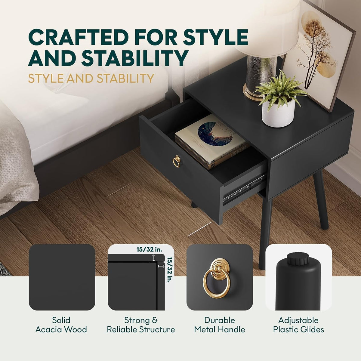 Bme Alden Wood Nightstand, Solid Wood End Table, Mid Century Modern Nightstand, Side Table with 1 Drawer, Compact for Bedroom, Living Room & Study Room, Easy Assembly, Black