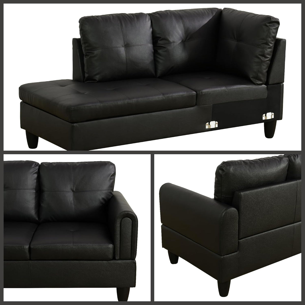 L Shaped Couch Sectional Couches with Chaise, 3 Pieces Modular Convertible Sofa for Living Room Furniture Sets and Small Apartment Faux Leather, Black