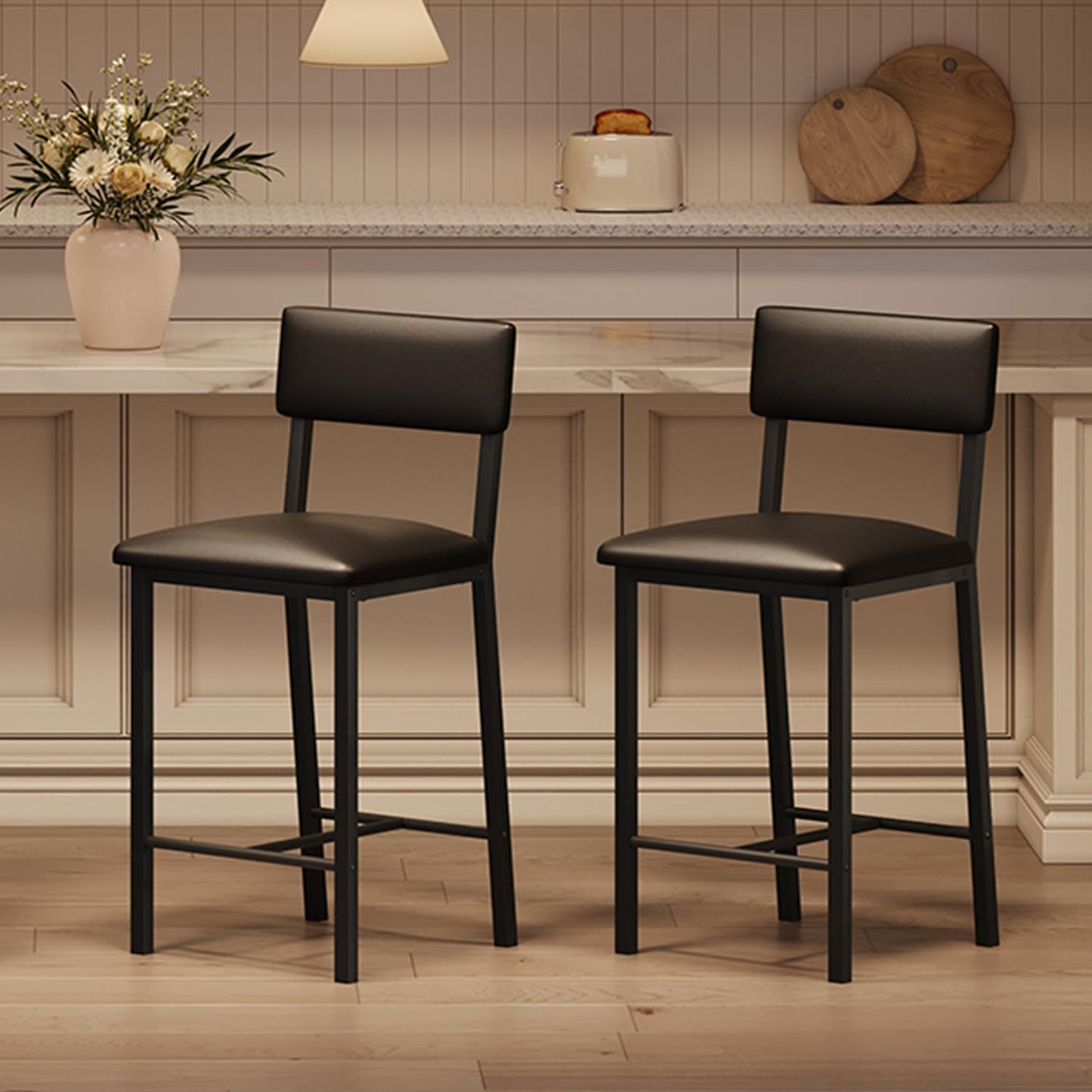 Garvee Bar Stools Set of 2, Kitchen Barstools with Thick Cushion, 25 Inch Counter Height Bar Stools with Backrest and Footrest, for Dining Room, Kitchen Island Counter Chairs, Retro Black