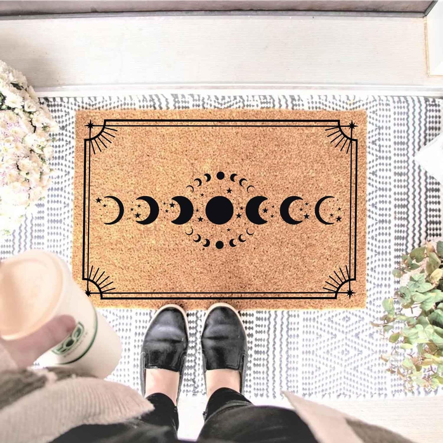 Funny Coir Doormat with Moon Phases - Front Door Mat, Entryway Welcome Mat, 23.7 x 15.7 inch