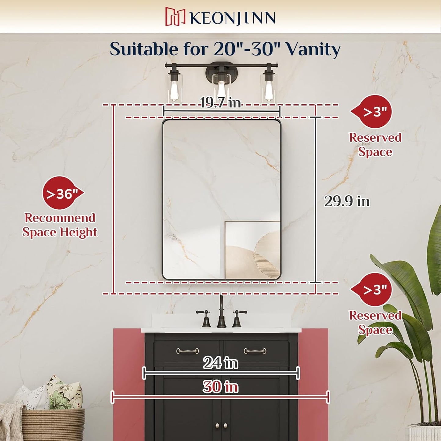 Keonjinn Black Bathroom Mirror, 20 x 30 Inch Rounded Rectangle Matte Black Bathroom Mirrors for Over Sink, Farmhouse Mirror with Seamless Frame, HD Tempered Glass Vanity Mirror(Horizontal/Vertical)
