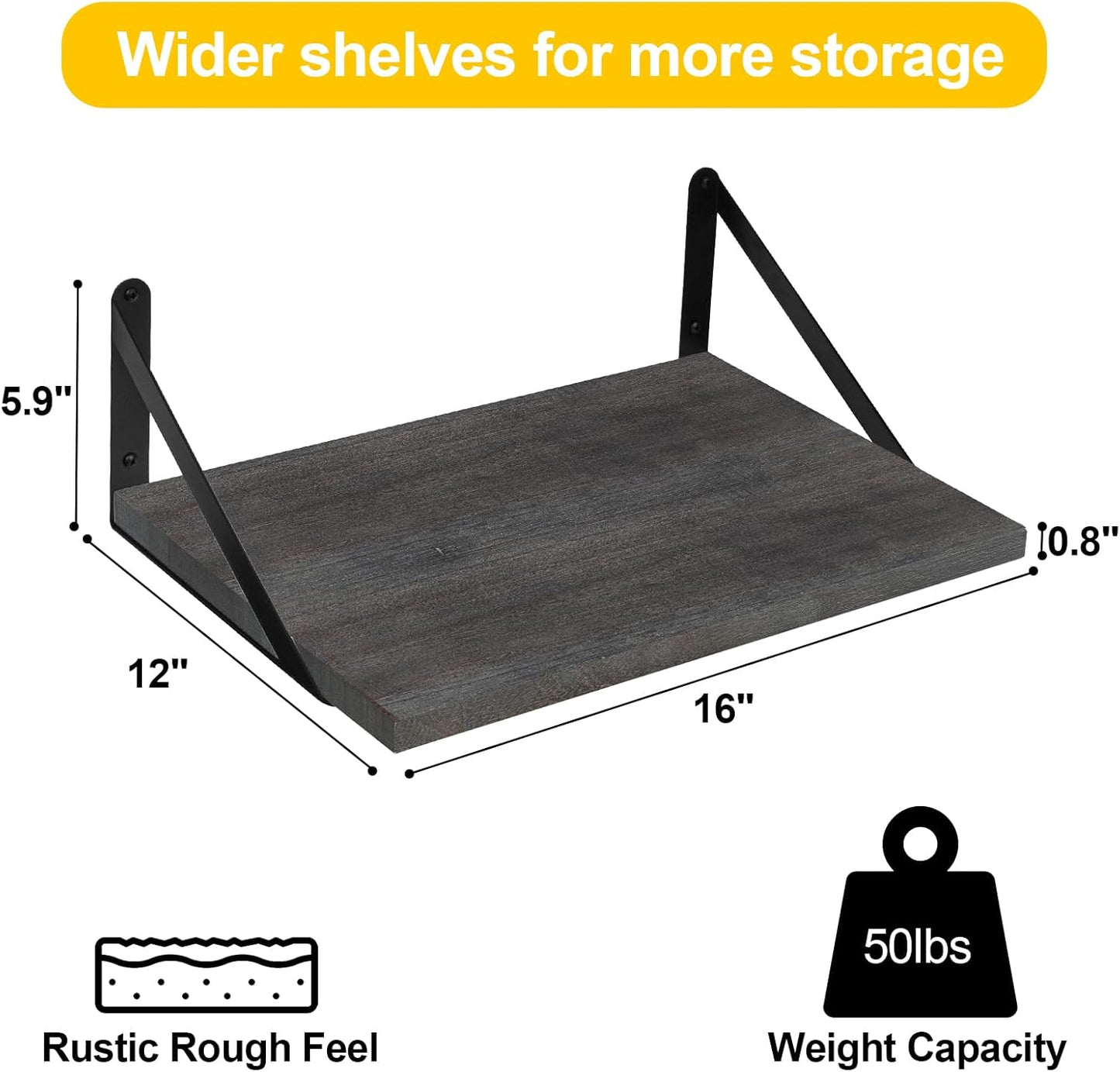 SAUMONIERES Floating Shelves Wall Bookshelf for Bedroom Bathroom Living Room Wood Wall Mounted Wide Deep Storage, Rustic Grey Wall Shelves Set of 2