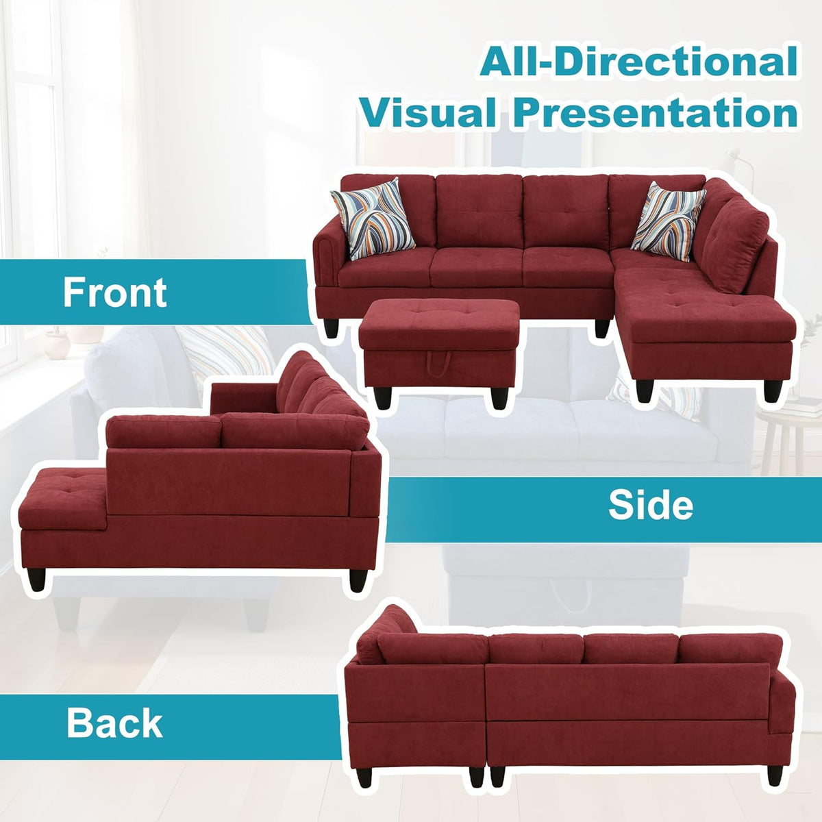 Couches for Living Room Modern L Shaped Couch Comfy Fluffy Fabric 3 Pieces Sectional Sofa with Chaise, Ottoman with Storage for Office and Small Apartment, Red