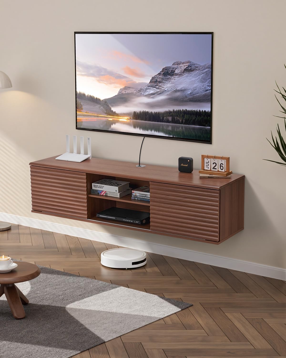 VEVOR Floating TV Stand, 60" Wall Mount Entertainment Center with Adjustable Shelf & Sliding Doors, 2 Tiers Floating TV Shelf with Storage Cabinet for DVD Player, Cable Box, Game Console, Walnut