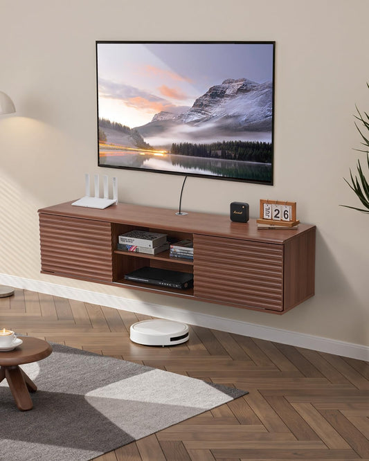 VEVOR Floating TV Stand, 60" Wall Mount Entertainment Center with Adjustable Shelf & Sliding Doors, 2 Tiers Floating TV Shelf with Storage Cabinet for DVD Player, Cable Box, Game Console, Walnut