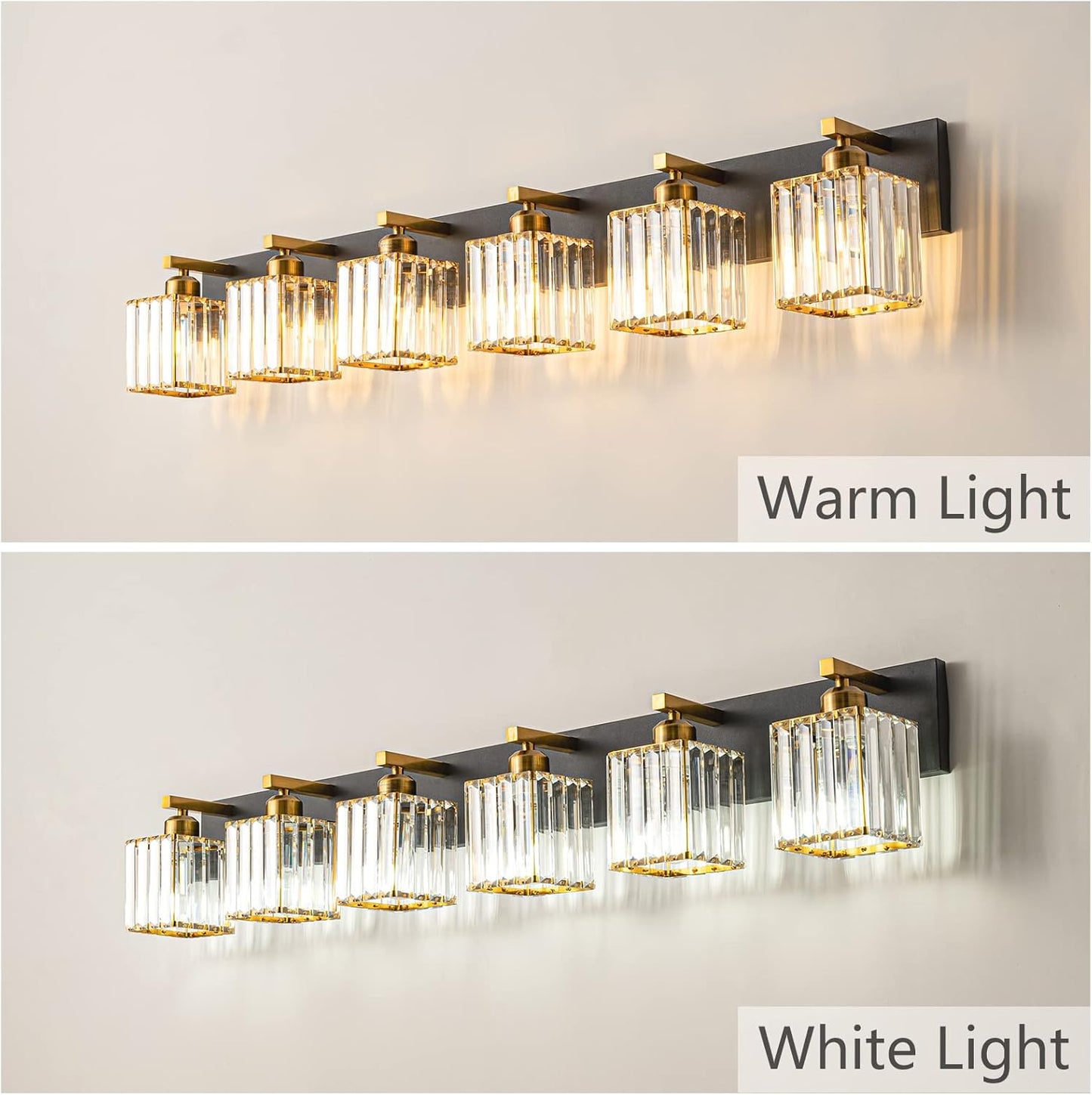 Modern Bathroom Vanity Light 6-Lights Black Gold Crystal Bathroom Wall Light Vanity Light Fixtures，44.09-inch Modern Minimalist Design