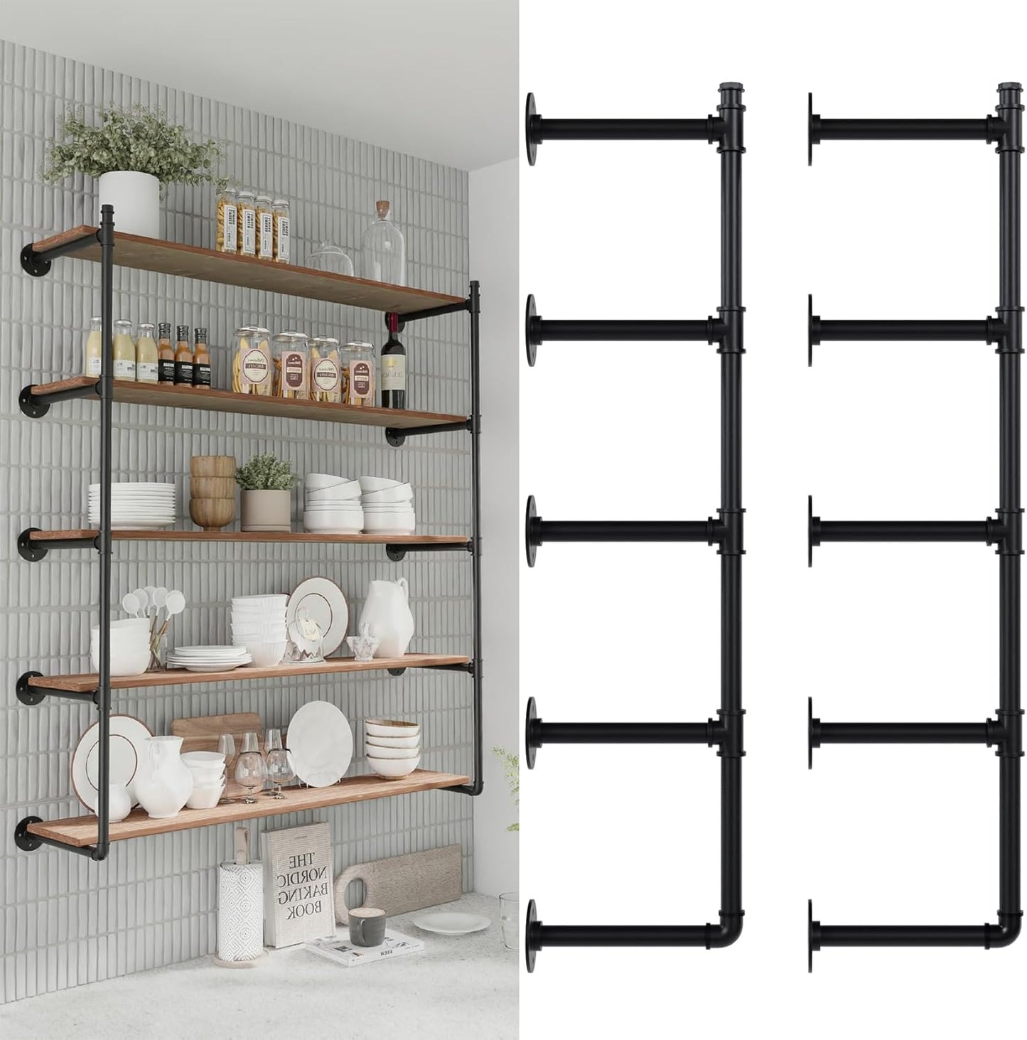 Industrial Pipe Shelf Brackets Wall Mount,Open Black Pipe Shelving for Kitchen,Floating Shelf Brackets Mount,Open Bookshelf Brackets for Shelves,Wall Shelves 12 Inch Deep(2PcsX5Tier,61" Tall)