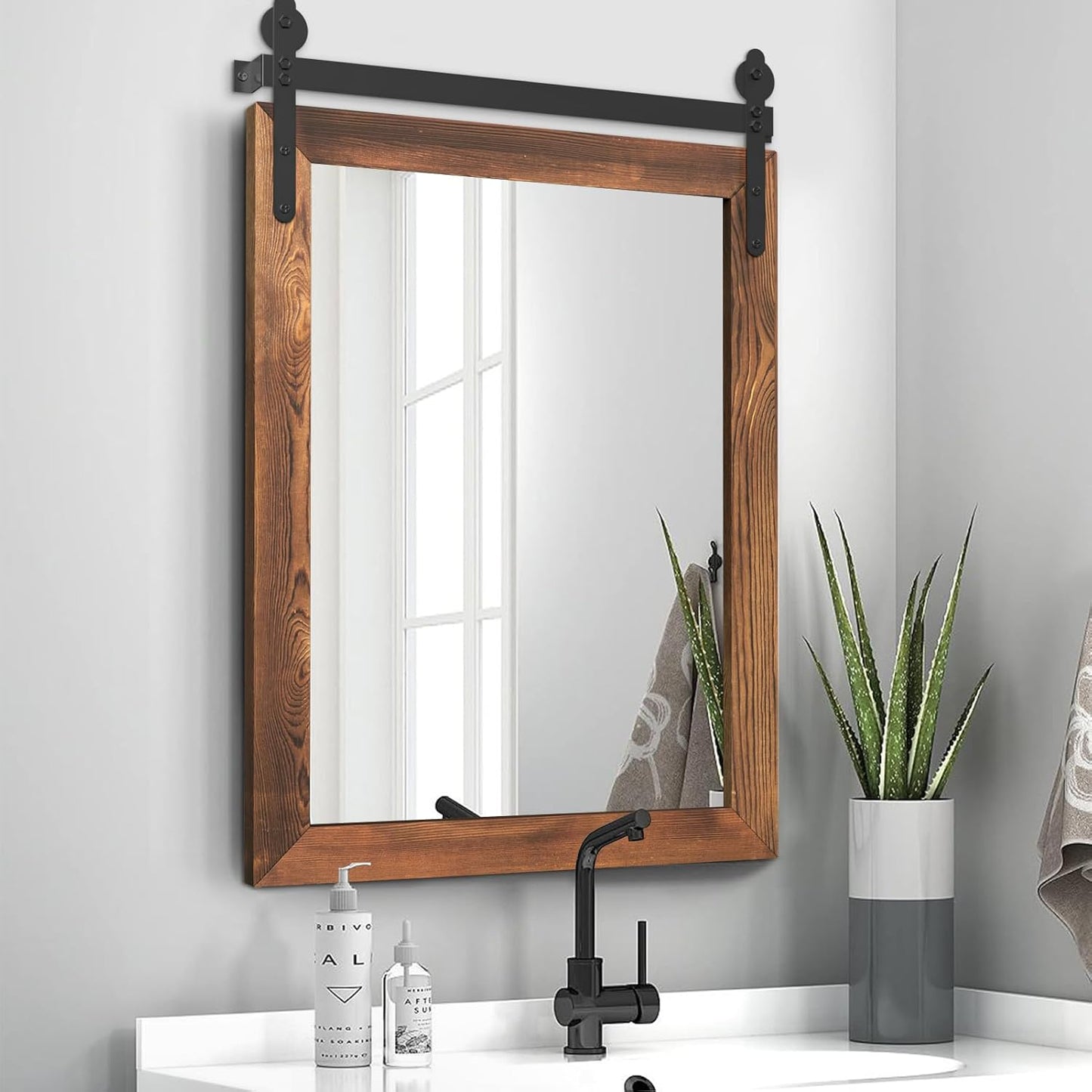 YOSHOOT Farmhouse Barn Door Mirror, 32"x24" Rustic Wood Framed Wall Mirror, Wall Mounted Vintage Mirror, Wooden Farmhouse Style for Bathroom Living Room Entryway, Brown, Vertical Hanging ONLY