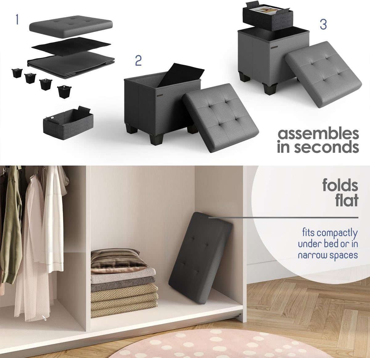STORAGEBUD Storage Ottoman Cube with Small Bin, 16-in Square Ottoman with Storage for Living Room and Bedroom, Small Ottomans Foot Rest, Faux Leather Foot Stools Ottomans Max 330lbs, Grey