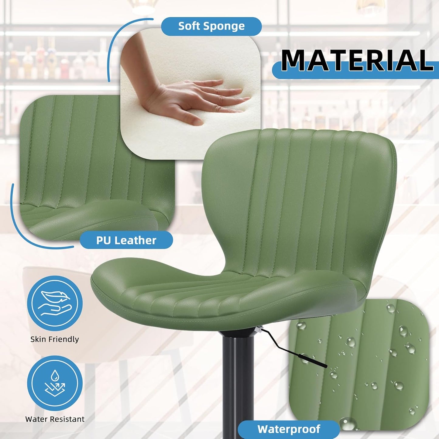 Shintenchi Bar Stools Set of 4 Modern Swivel Bar Chairs, Counter Height Faux Leather Metal Barstools, Upholstered Island Chairs with Back and Footrest, Green