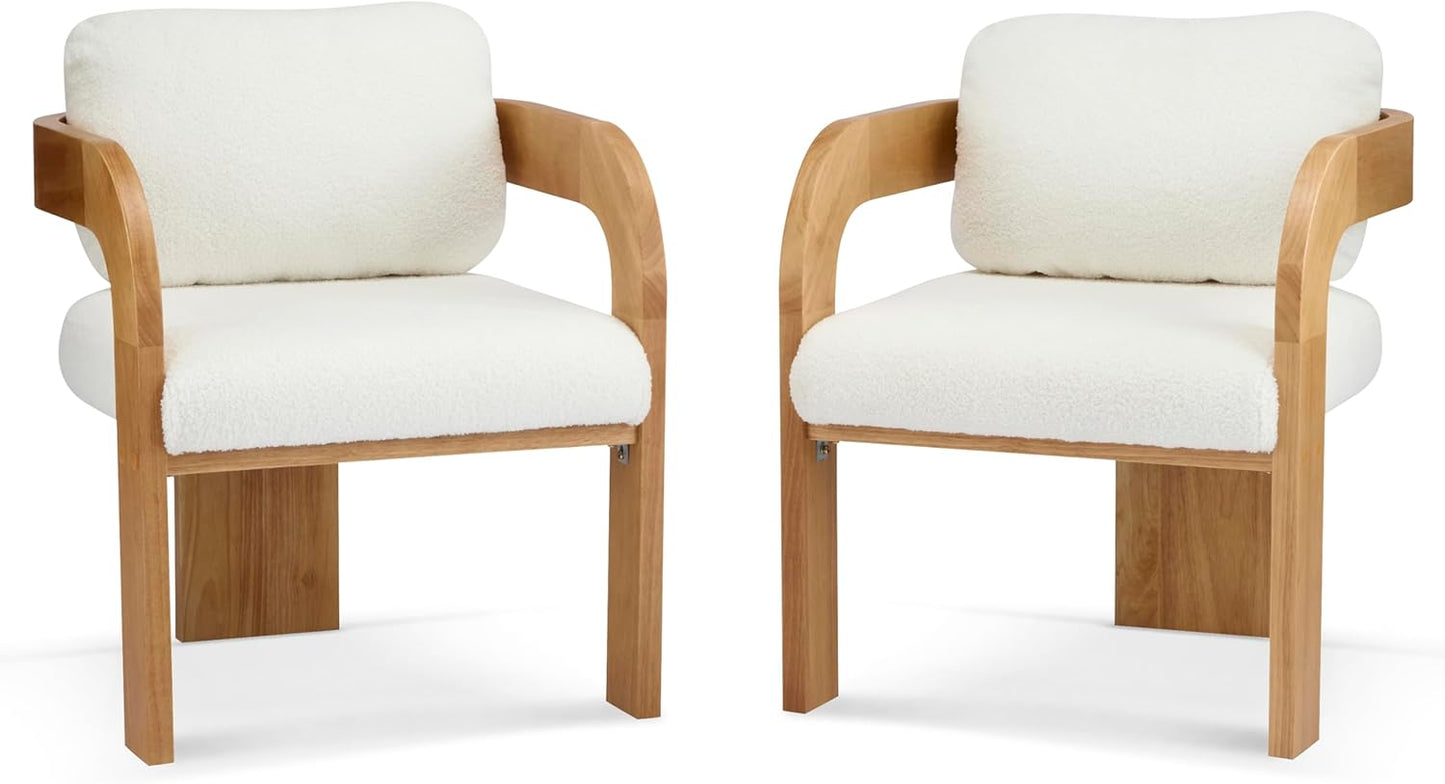 Christopher Knight Home Yorick Modern Boucle Dining Chair Set of 2 with Cushion, Solid Wood Dining Room Armchair Set, Curved Backrest Kitchen Side Chair, Living Room Comfy Extra Seat, Natural+White