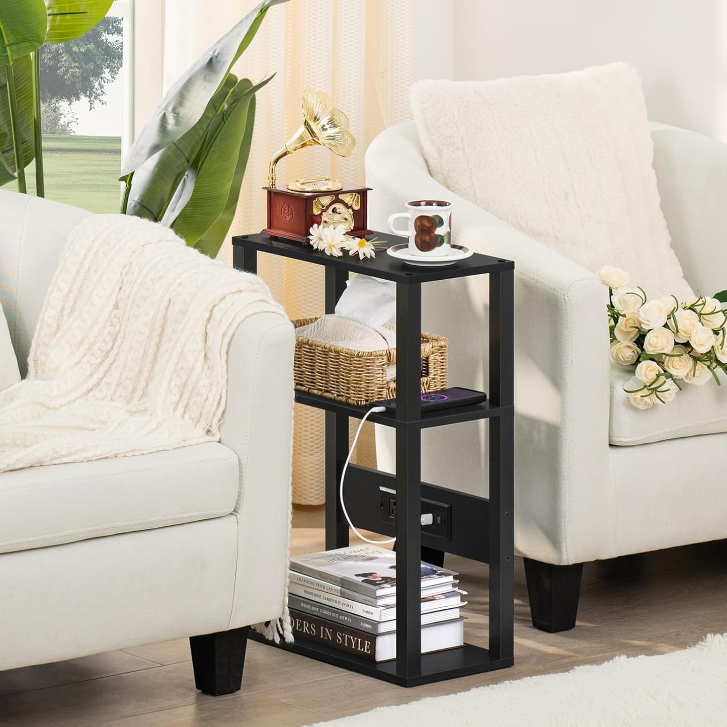 3-Tier Small Narrow Wood Side Table Set of 2 with Charging Station - Skinny Nightstand for Small Spaces, Slim Bedside Table with USB Ports and Outlets - Thin End Table with Storage, Black