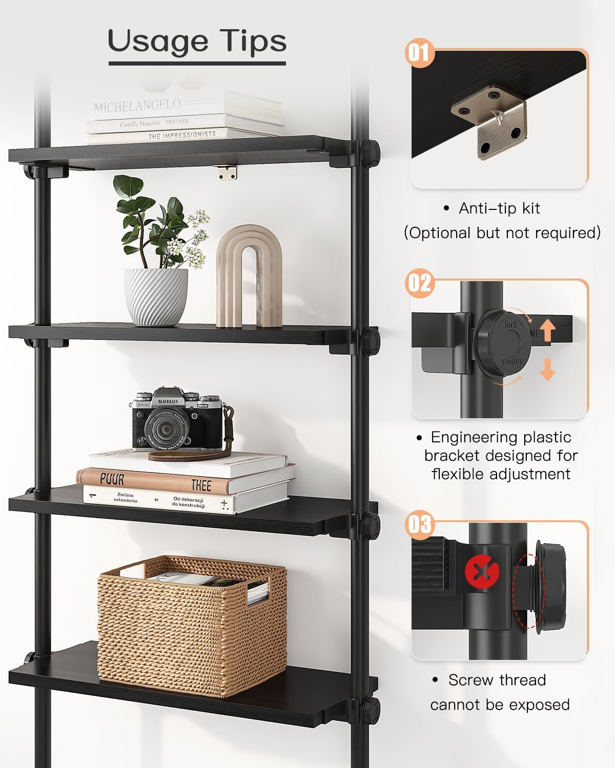 ALLZONE 5 Tiers Narrow Bookshelf, Tall Adjustable Ladder Book Shelf with Open Storage, Floor to Ceiling Tension Mount, Wooden Industrial Bookcase for Living Room, 92 to 116 Inch, Black