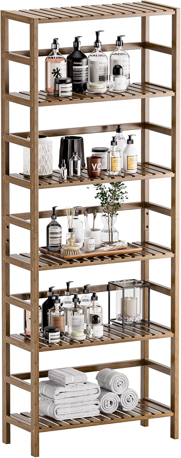 HITNET Bookcase, Bamboo Bookshelf, 6-Tier Adjustable Tall Open Book Shelf, Free Standing Storage Shelves Organizer, Flower Plant Display Stand, Walnut