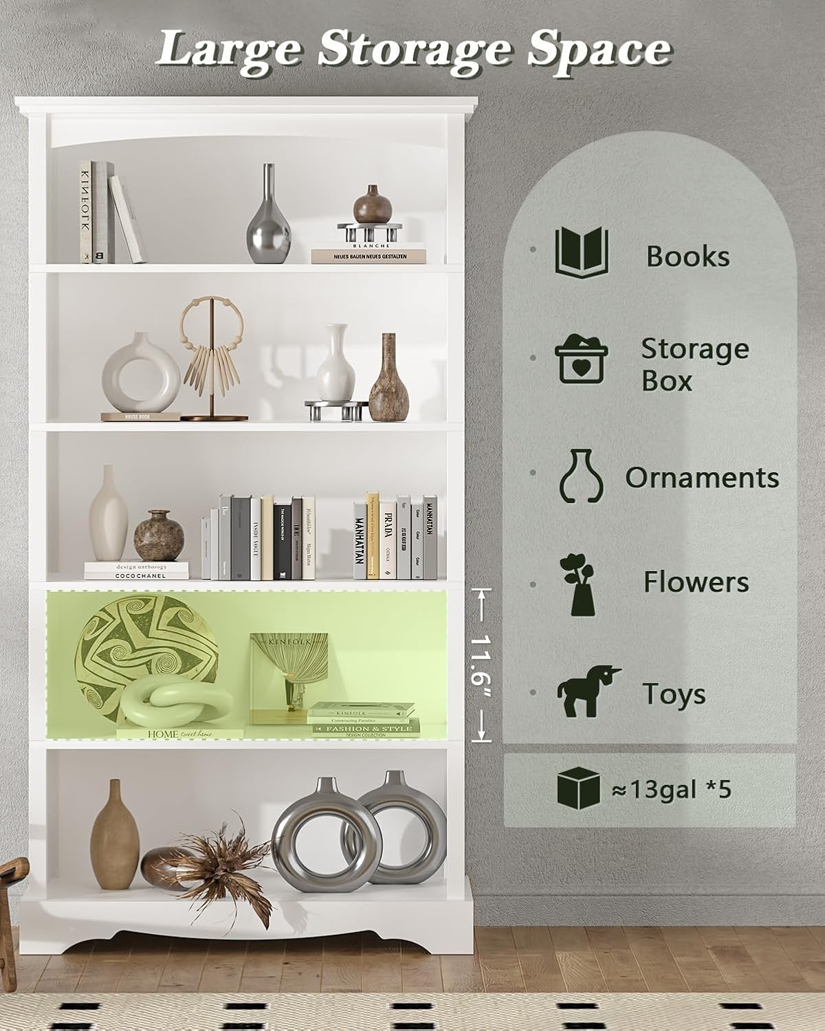 TVU 5-Tier Wooden Bookshelf, 65 Inch Tall Bookshelf with Storage, Floor Standing Modern Style Display Bookcase for Living Room, Office, Study Room, Entryway, White