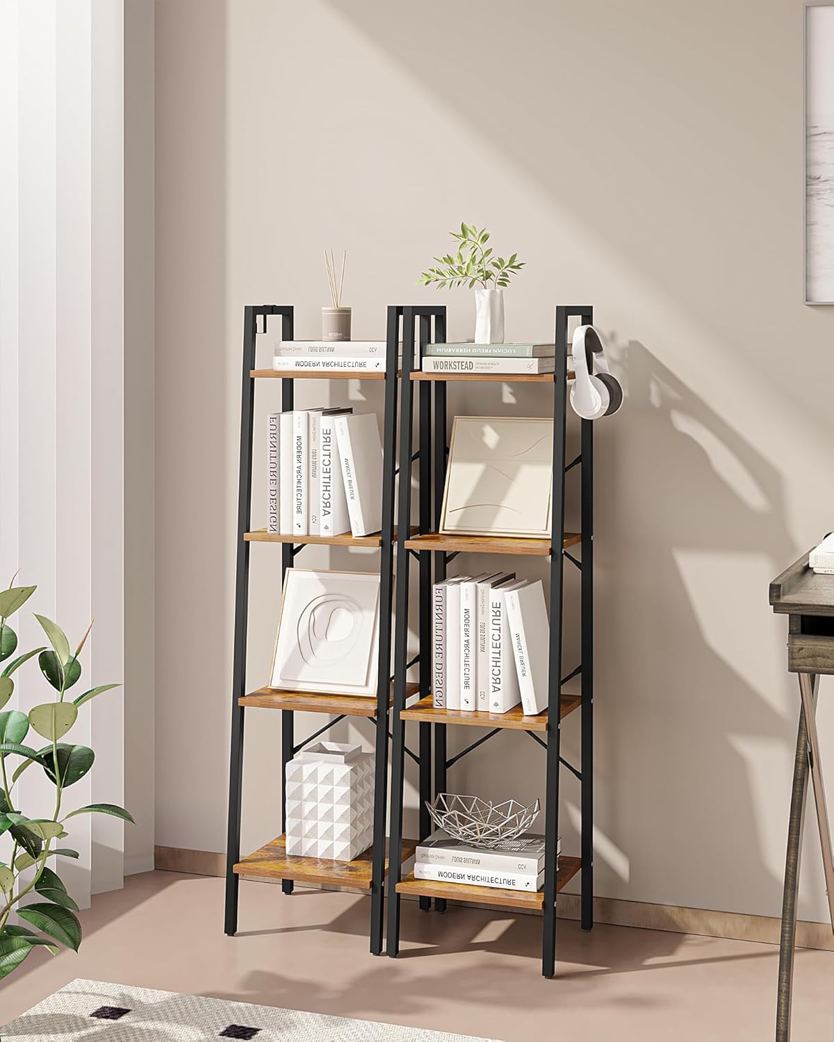 Ladder Shelf, Bookshelf Bookcase, Freestanding Corner Storage Shelve with 2 Hooks for Home Office, Living Room, Kitchen, Bedroom, Industrial, 4-Tier Rustic Brown BC13201B