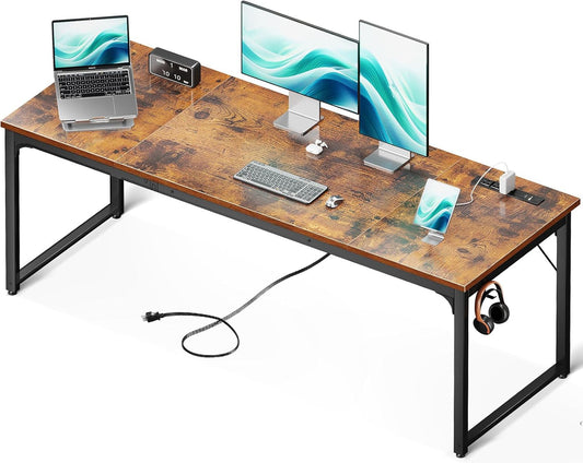 Coleshome 71 Inch Computer Desk with USB Ports, Large Office Desk, Long Study Student Writing Desk, Rustic Brown