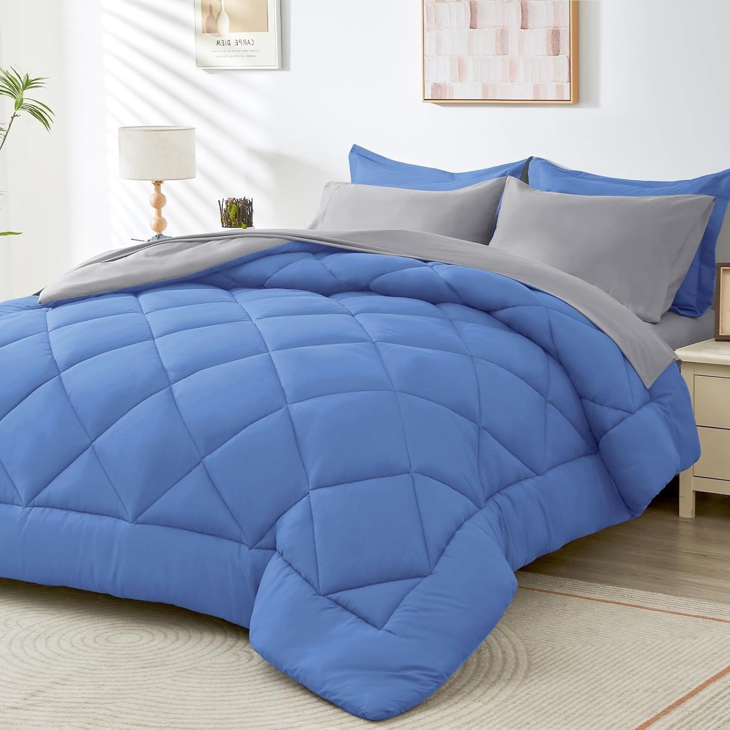 HEVUMYI Royal Blue & Light Grey Twin Comforter Set - 5-Piece All Season Bed in a Bag Twin, Ultra Soft Bedding Set with Comforter, Flat Sheet, Fitted Sheet, Pillowcases, Pillow Shams, Royal Blue