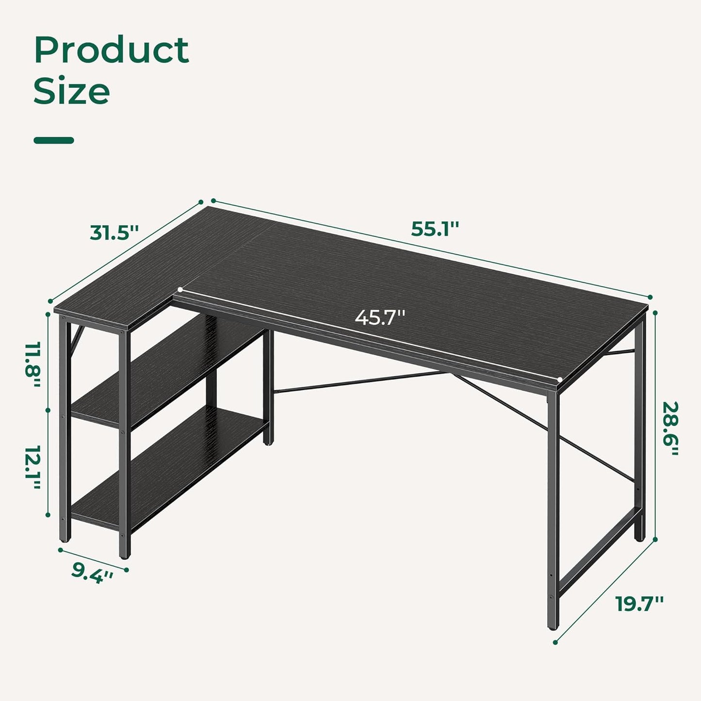 Huuger L Shaped Desk, 55 Inches Computer Desk with Reversible Storage Shelves, for Gaming Corner Home Office Writing Study, Metal Frame, Black