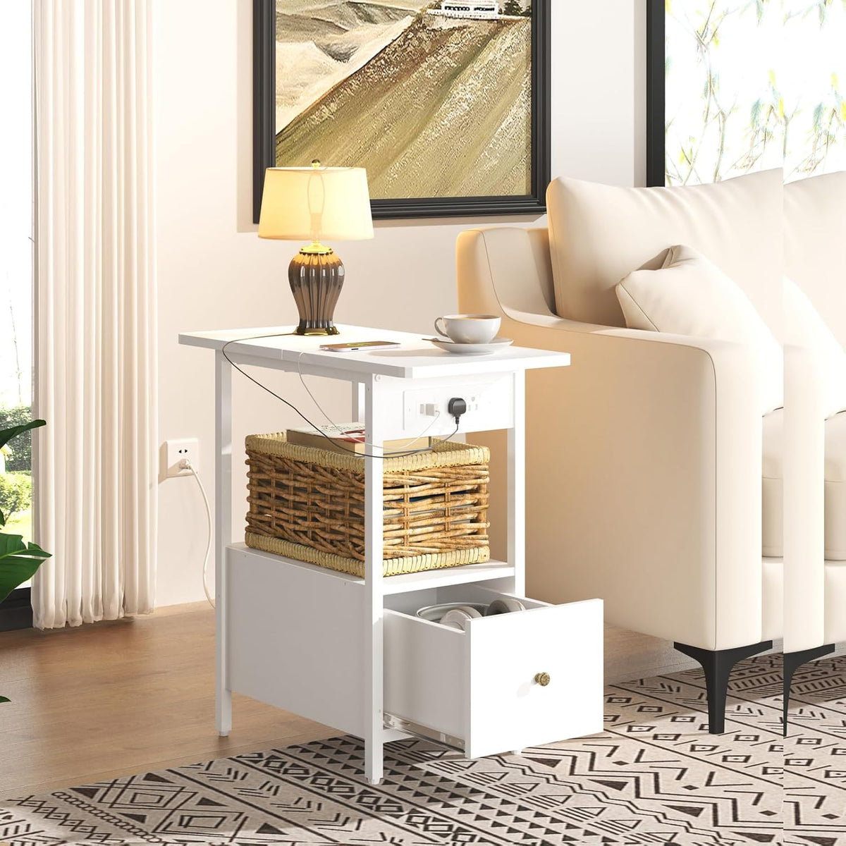 LIDYUK End Table with Charging Station, Narrow Side Table with Drawer and USB Ports & Power Outlets, Nightstand Bedside Tables for Small Spaces, Bedroom, Living Room, White, Set of 2