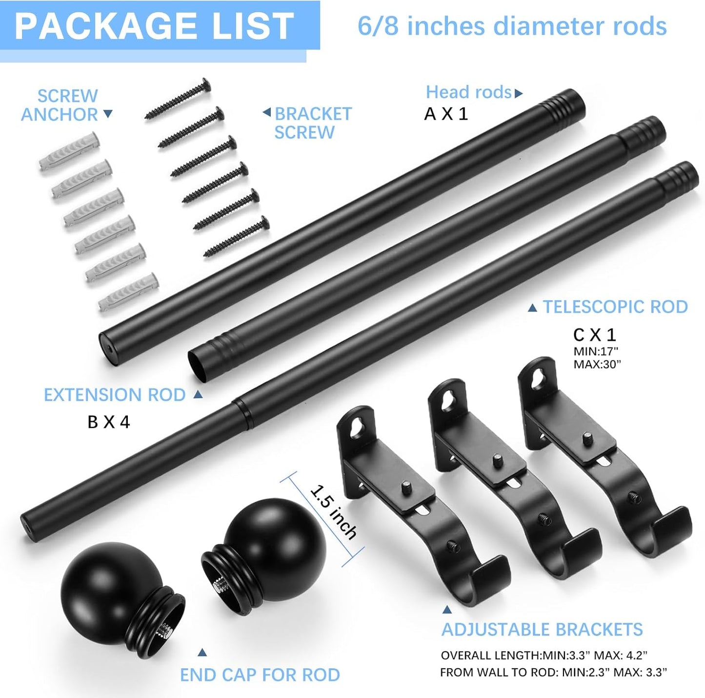 Curtain Rods for Windows 16 to 92 Inches, Curtain Rod Max Adjustable Length of 104 IN, 6/8" Diameter Drapery Rods Round Finials, Black, Pack of 1