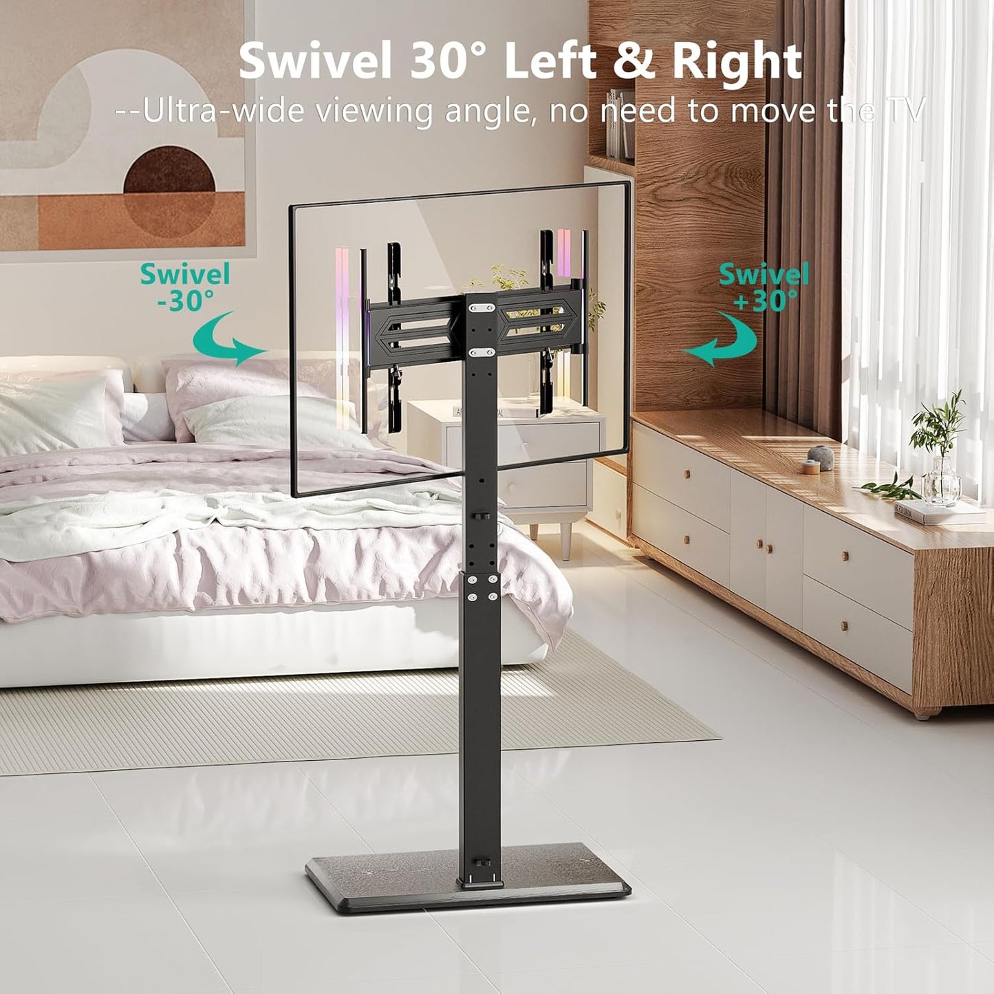 WALI Floor TV Stand with LED Lights, Tall TV Stand Mount for 32-75 inch TV up to 110 lbs, Swivel and Height Adjustable TV Stands with Wood Base for Bedroom, Office(TVDVD-7L), Black