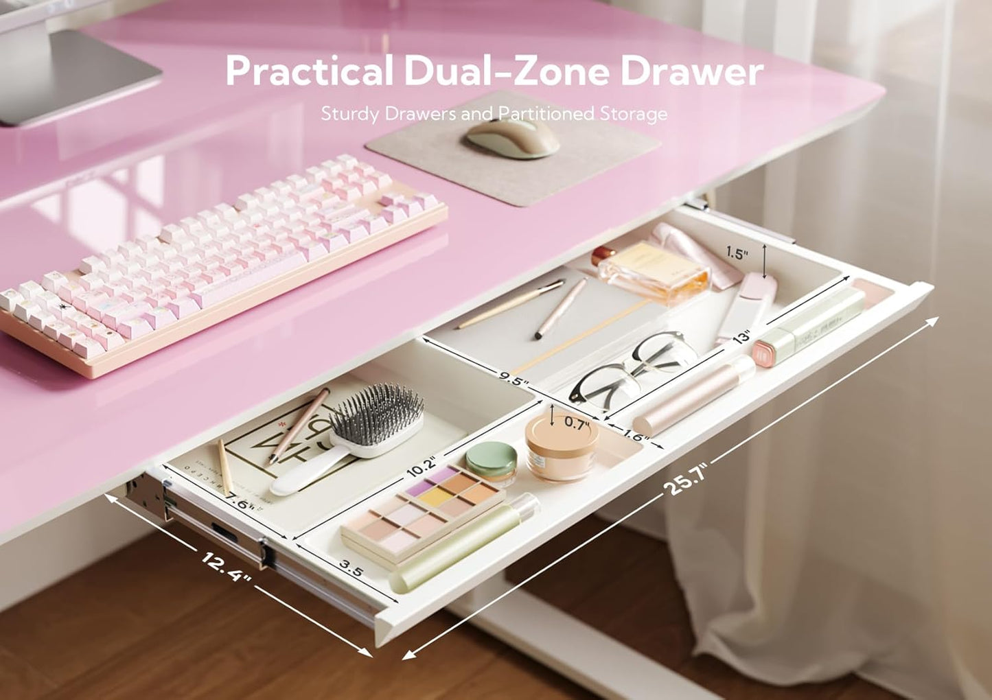 INNOVAR Glass Standing Desk with Drawers, Adjustable Height Electric Stand Up Desk, Small Standing Desks with Storage, 40 inch, Morandi Powder