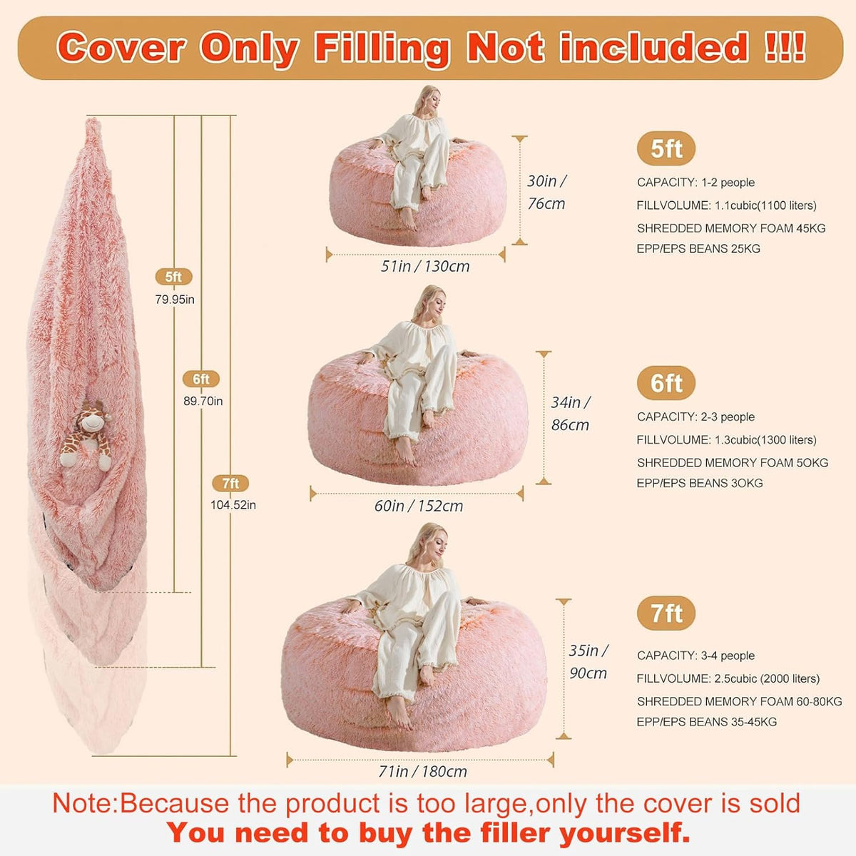 Bean Bag Cover(No Filler), Faux Fur Comfy Bean Bag Chairs for Adults, Washable Bean Bag Chair Cover, Fluffy Plush Giant Bean Bags Chairs for Teens Kids Girls, Anti-Slip, 5FT, Orange