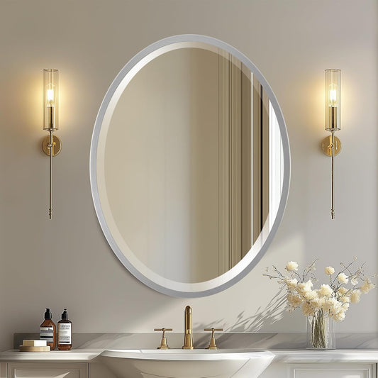 OVALCREST - Oval Wooden Beveled Wall Mirror for Home Decor, Bathroom, Vanity, Bedroom, Living Room, Hallway - London Style (Silver Spray) 19.1 x 25.1