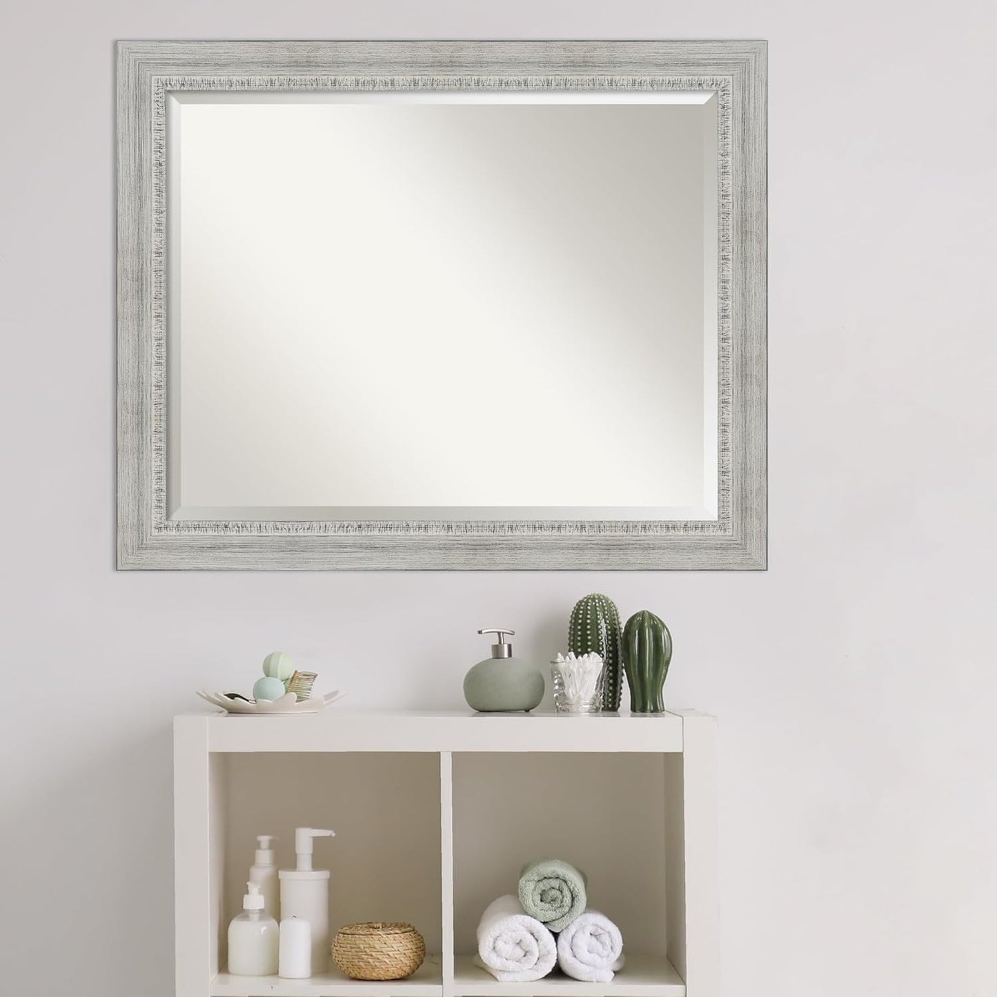 Amanti Art White Bathroom Mirror for Over Sink, 27x33 Rustic White Wash Rectangle Vanity Mirror, Large Rustic Farmhouse Wood Frame, Hangs Horizonally and Vertically, Bathroom Wall Decor, Beveled Edge