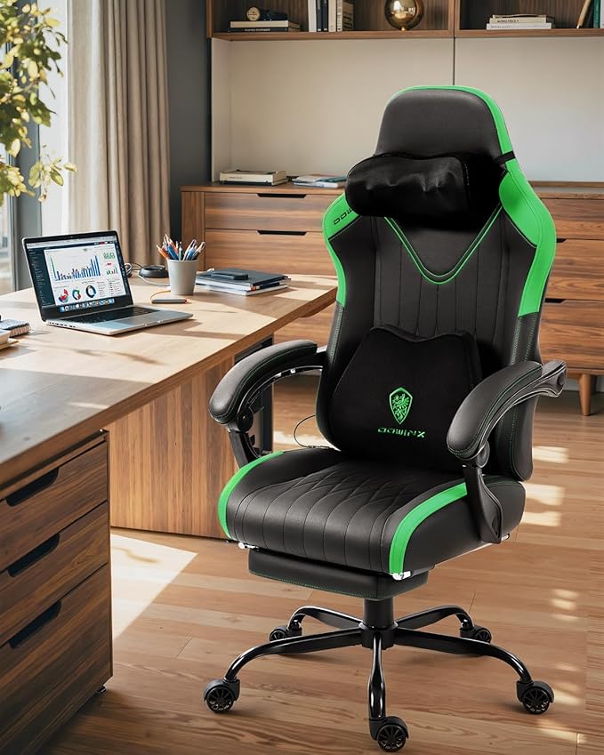 Dowinx Gaming Video Gaming Chair with Shiatsu Neck Massage and Lumbar Support for Home Office High Back Recliner Height Adjustable Ergonomic Comfy Leather Computer Desk Chair (Green)