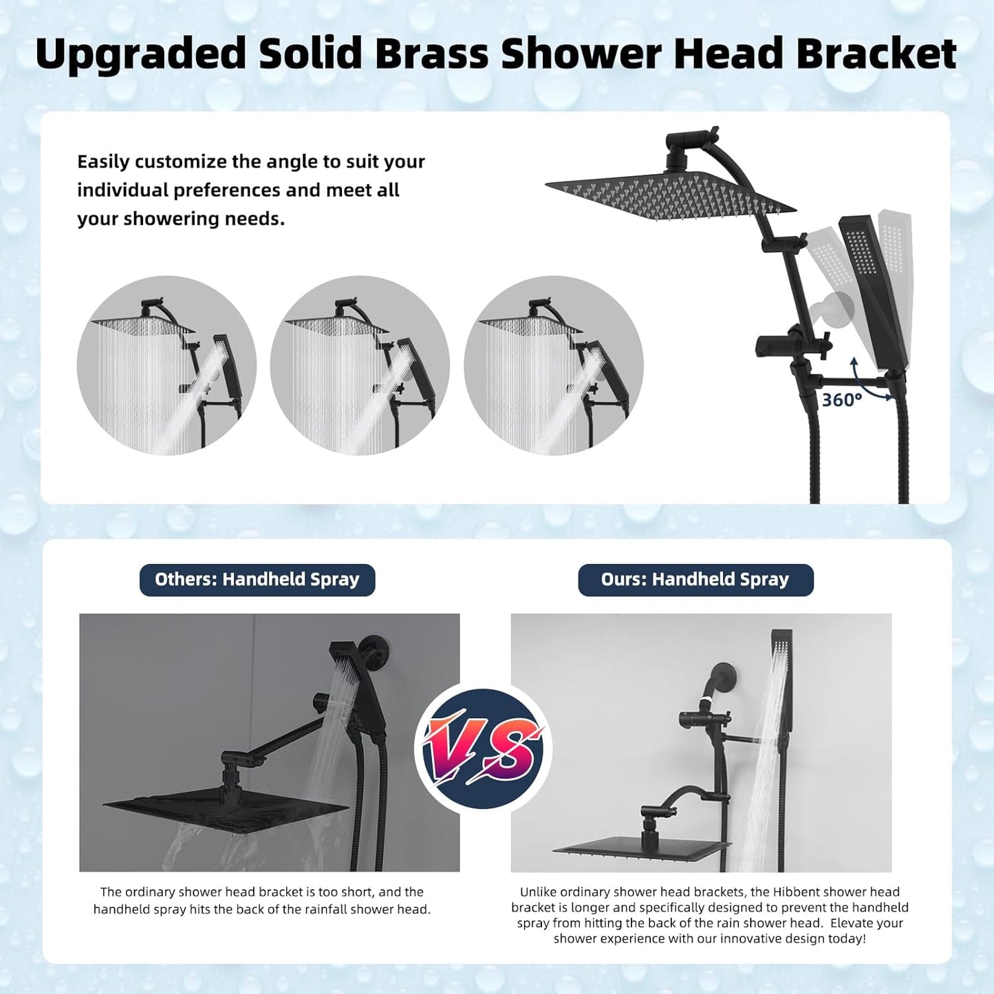 Hibbent All Metal 10'' Rainfall Shower Head, Dual Shower Head Combo, High Pressure Handheld Shower Wand, 16'' Adjustable Arc-shaped Shower Extension Arm, 71'' Hose, Showerhead Holder, Matte Black