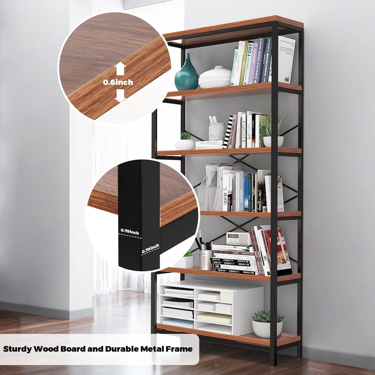 Himimi 6-Tier Bookshelf Set of 2,Tall Bookcase Industrial Wood Storage Rack with Open Book Shelves,Modern Metal Standing Organizer,Vintage Display Rack for Living Room, Office, Bedroom, Rustic Brown