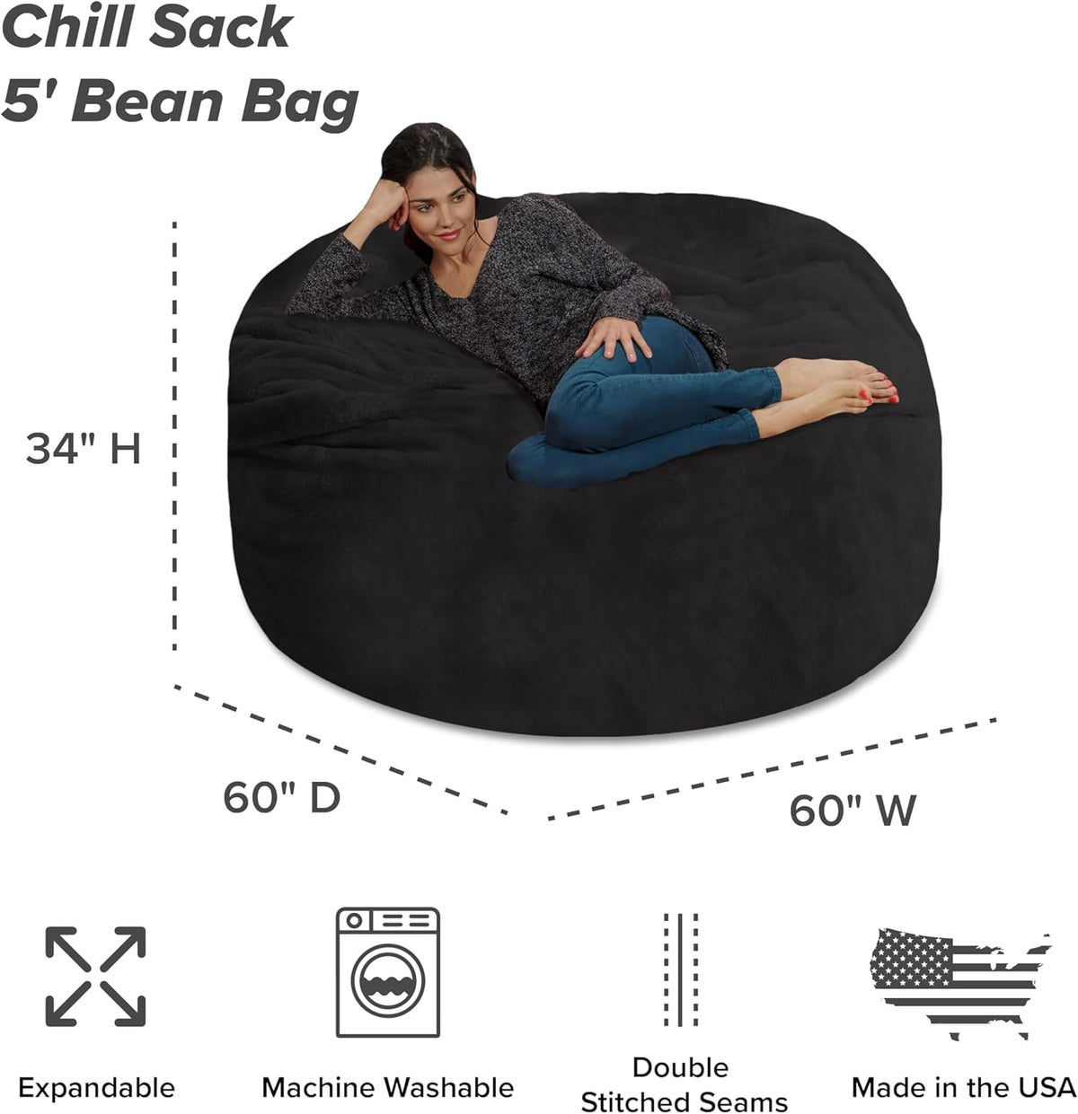 Chill Sack Bean Bag Chair - 5' Giant Memory Foam Lounge Chair with Soft Microfiber Cover – Cozy Furniture for Living Room, Dorm, & Kids' Rooms – Comfortable 5 Ft, Faux Rabbit Fur Lounge Sofa, Black