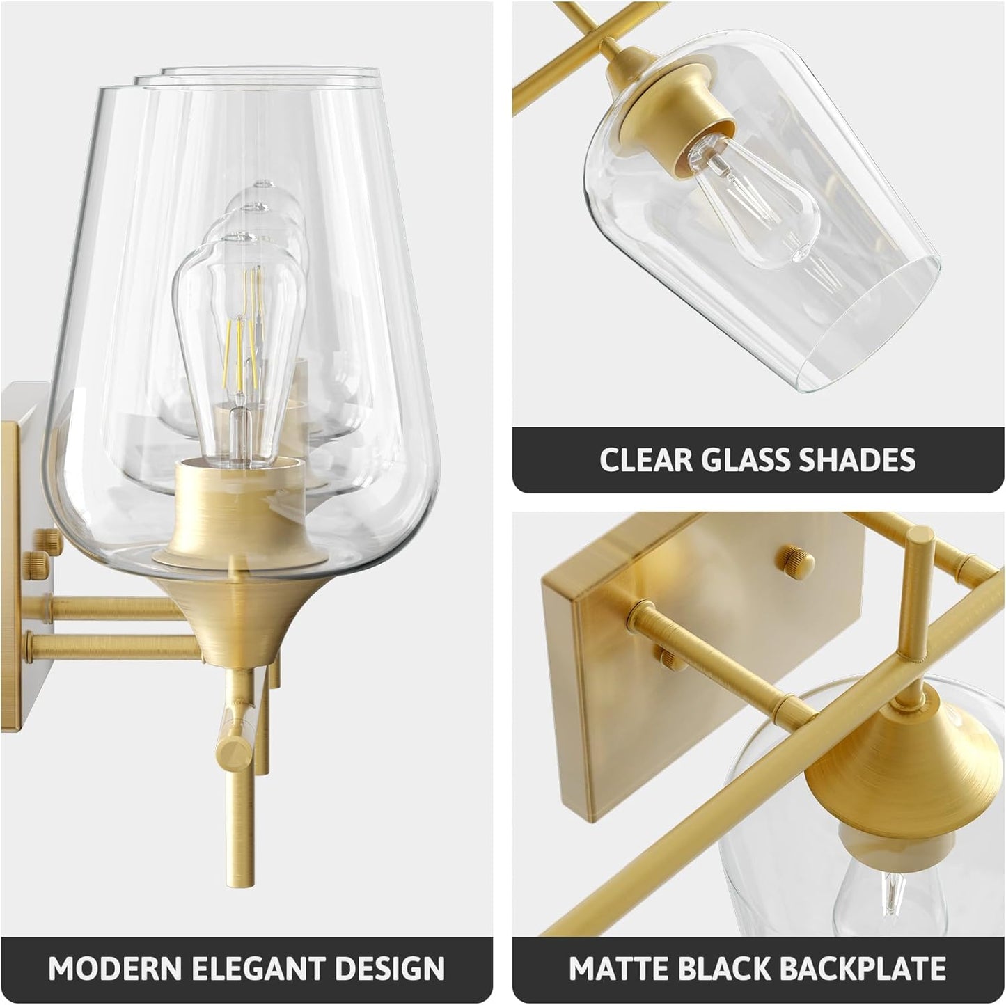 VONLUCE Bathroom Vanity Light, 3 Light Bathroom Light Fixture Over Mirror, Bathroom Wall Lamp with Clear Glass, Modern Gold Vanity Lighting fixtures for Bathroom, Bedroom, Hallway