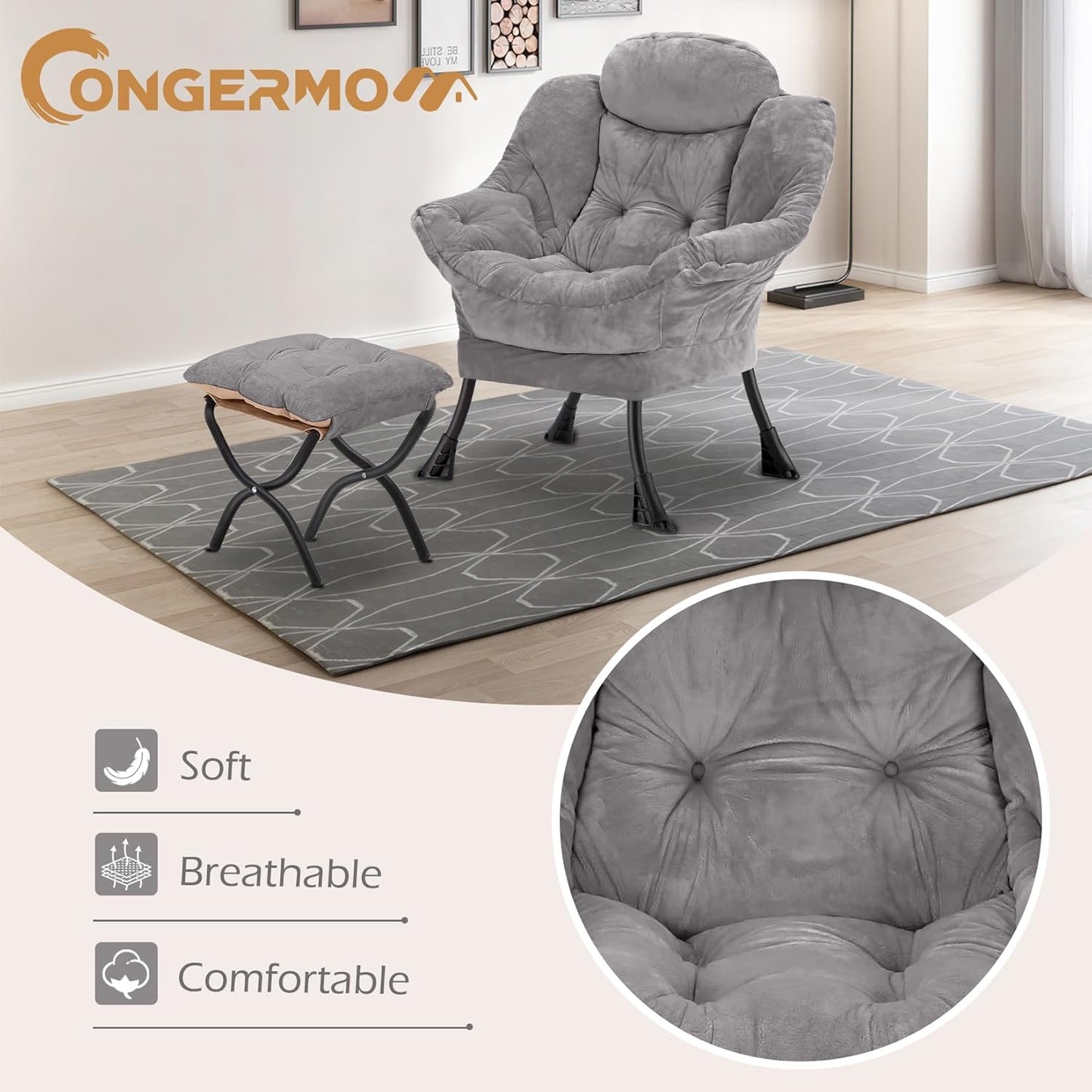 Lazy Chair with Folding Ottoman,Leisure Sofa Chair,Soft Fabric Armchair with Armrests and Side Pockets, Reading Chair with Footrest for Living Room, Bedroom, Office (Plush Light Grey)