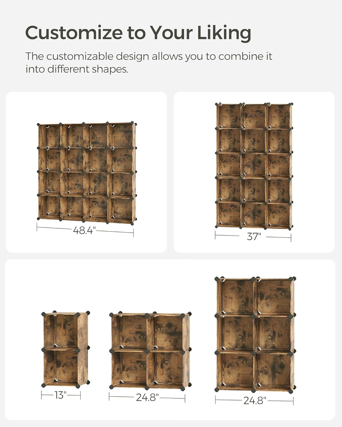 SONGMICS Cube Storage Organizer, Set of 16 Plastic Cubes, Closet Organizers and Storage, Room Organization, Bedroom Living Room, 12.2 x 48.4 x 48.4 Inches, Rustic Brown ULPC442A01