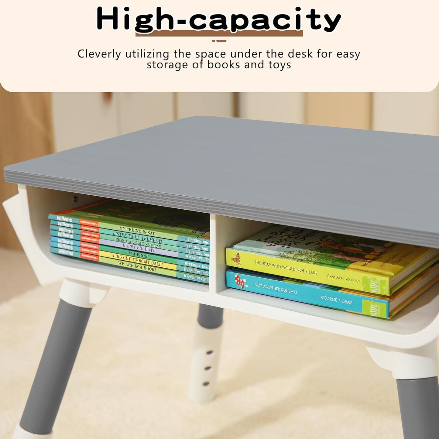 Kids Study Desk and Chair Set Height Adjustable Graffiti Desktop Storage Drawer Storage Basket Non Slip Legs Suitable for Max Weight of 220 Pounds Suitable for Children Aged 2-10(Grey 2Chair)