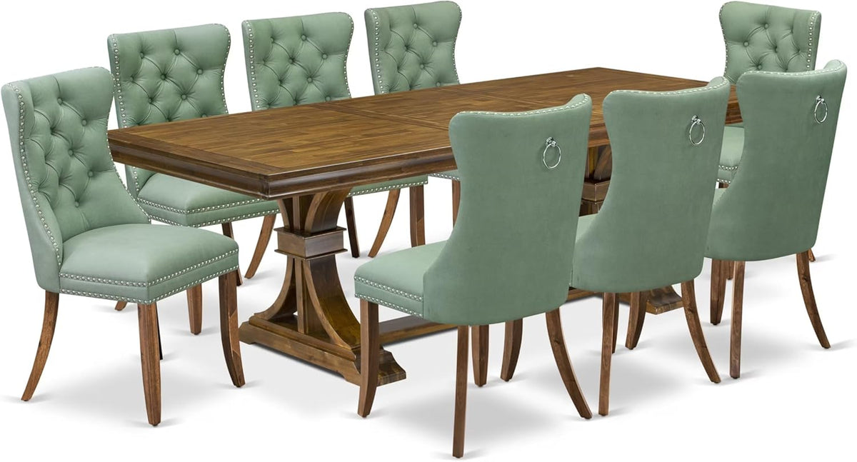 LEDA9-AWA-22 9-Piece Modern Dining Table Set Includes a Kitchen Table and 8 Willow Green Polyester Fabric Dinner Chairs with Button Tufted Back - Antique Walnut Finish