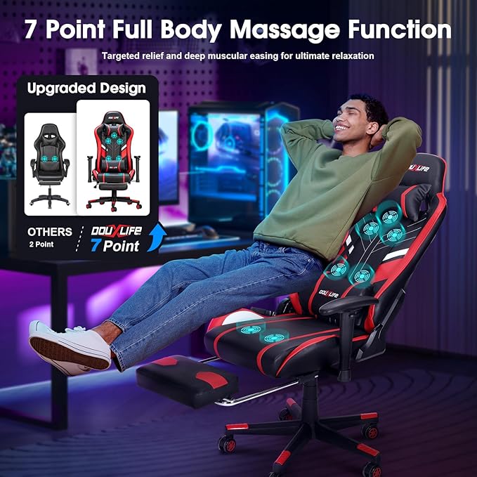 Douxlife 7-Point Massage Gaming Chair, 175° Gaming Recliner with Footrest Ergonomic Computer Office Chair High Back Video Game Chair with Lumbar Support, Upgraded Version, Red