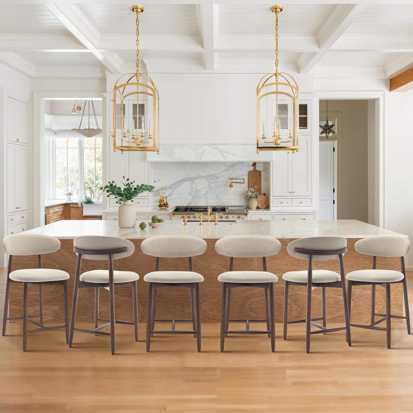 COLAMY Counter Height Bar Stools Set of 6, Kitchen Bar Stools with Back, Mid Century Modern Upholstered Stools, with Wood Legs for Kitchen Island Dining Room, Beige