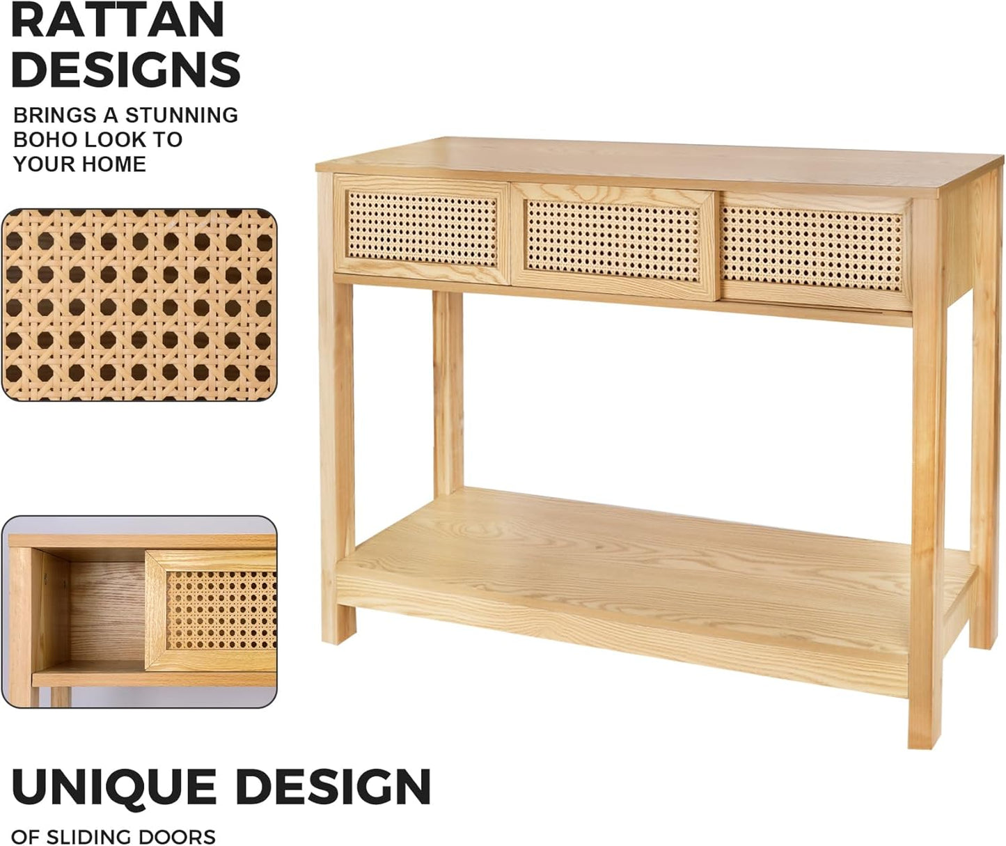 ZYBT Long Console Table, Console Tables for Entryway, Modern Narrow Wood Rattan Entryway Couch Hallway Boho Sofa Table with Storage Drawers for Living Room