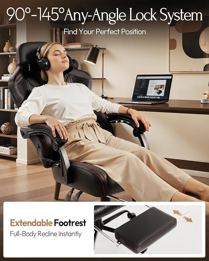 Dowinx Gaming Video Gaming Chair with Shiatsu Neck Massage and Lumbar Support for Home Office High Back Recliner Height Adjustable Ergonomic Comfy Leather Computer Desk Chair (Black)