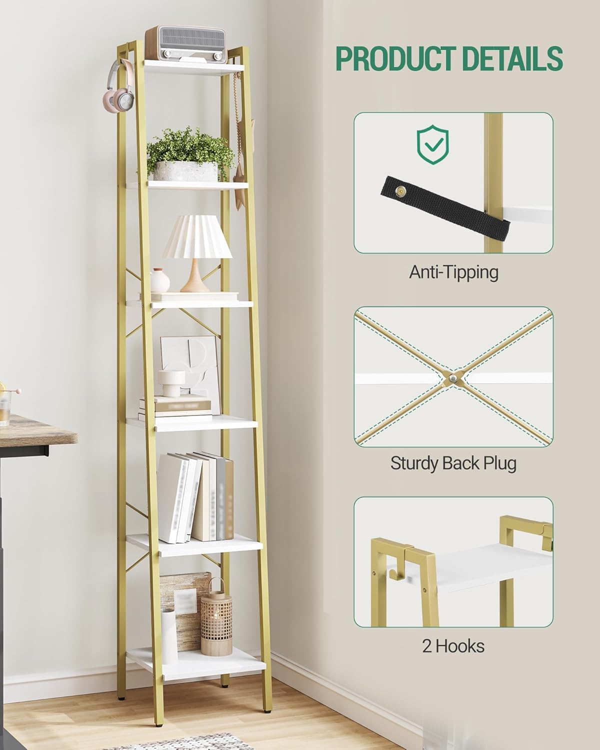 Ladder Shelf, Bookshelf Bookcase, Freestanding Corner Storage Shelve with 2 Hooks for Home Office, Living Room, Kitchen, Bedroom, Industrial, 6-Tier White Gold BC13313G