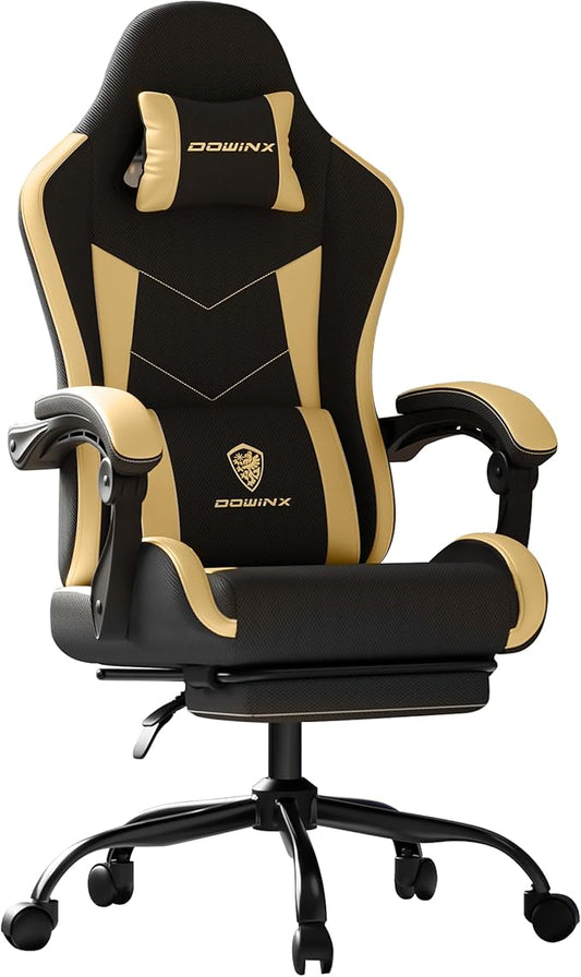 Gaming Chair with Footrest, Ergonomic 330lbs Leather Mesh Chair, Massage Lumbar Support, Adjustable Height & Headrest Pillow, Breathable Seat for Office, Home, Streaming, Long Gaming Sessions, Gold