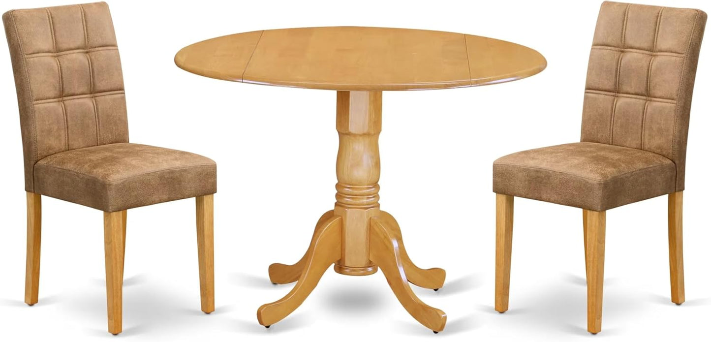 East West Furniture DLAS3-OAK-28 3 Piece Dining Table Set Includes A Wooden Table and 2 Brown Textured Polyester Fabric Mid Century Modern Chairs, Oak