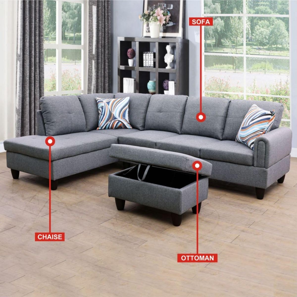 Grey-1 L-Shaped 3-Piece Linen Sofa with Storage Ottoman Set, Sectional Couch Sofa Set for Living Room, Office, Small Space