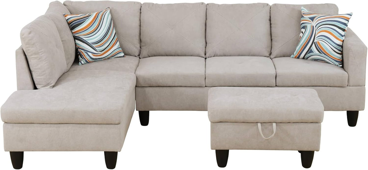 NicBex Sectional Couch 3 Pieces Sofa Set with Right Chaise Flannel L Shaped Cloud Couch for Living Room Furniture Sets with Storage Ottoman, Modular Sofa for Living Room & Apartment, Off-White